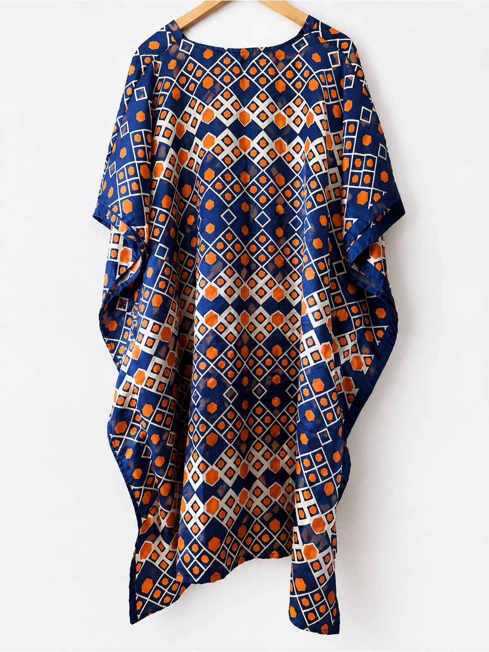 Winlar Geometric Kaftan Tunic Cover Up Navy Orange One Size Boho Resort Beach - Picture 3 of 7